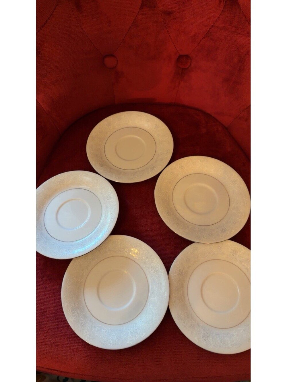 Crown Ming Fine China White Decorated Rim Round Saucers Set of 5